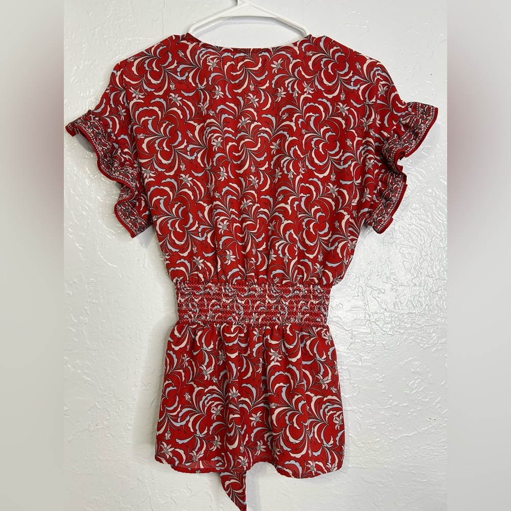 Max Studio Red Print Short-Sleeve Blouse, peplum,floral, fairycore - Picture 5 of 5